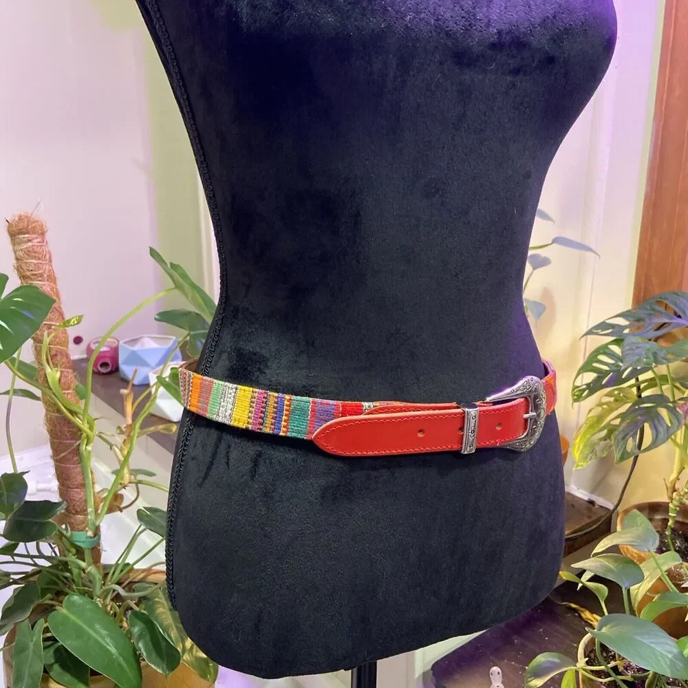 Ribco Belt Red Genuine Leather Size Youth M/L Multicolored Woven Tapestry Fabric